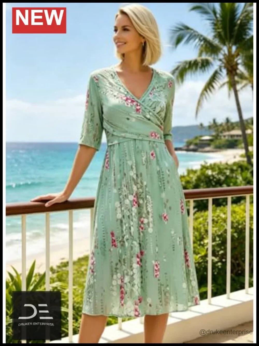 Women's 3/4 Sleeve Midi Dress with Pockets Flowy A-Line Boho V-Neck
